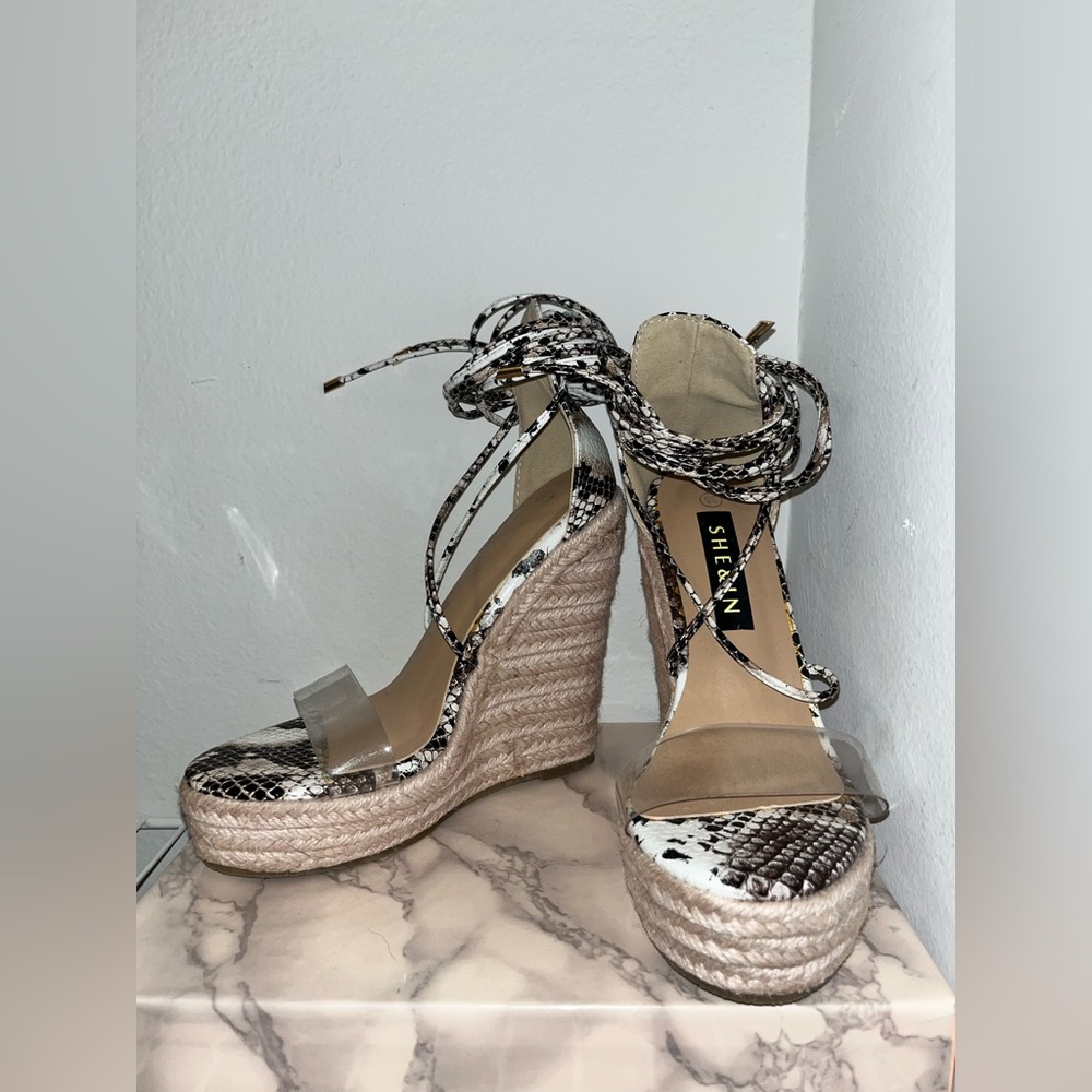 SHEIN Open Toe Tie Leg Espadrille Wedges